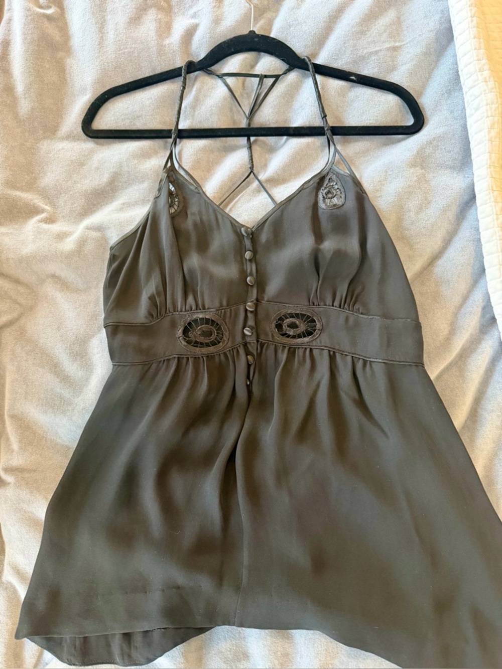 Silk Black Spaghetti Strap Tank with Lace Insets